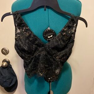 M.HOURI Black lace Camisole Small double v-neckline black & gold